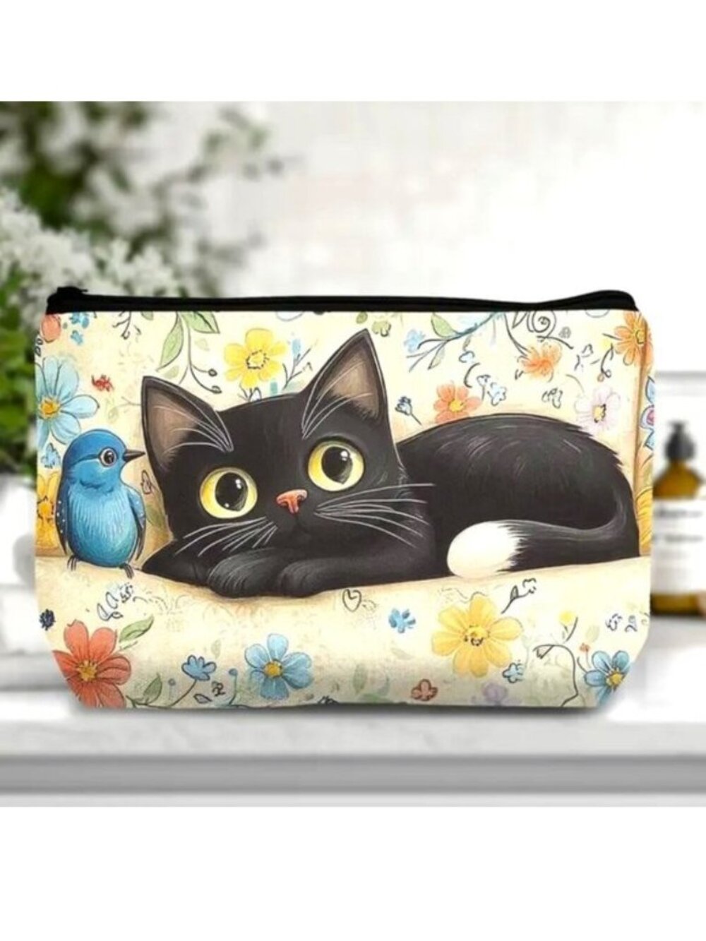 Cat & Bird Cosmetic Bag Makeup Black Flowers Clutch Pouch Travel Storage Kitty